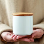 Hand held compact Japanese tea canister with bamboo lid, Japanese ceramic tea storage