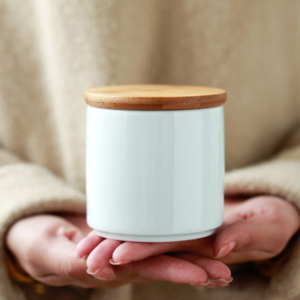 Hand held compact Japanese tea canister with bamboo lid, Japanese ceramic tea storage