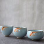 handmade cracked glaze koi japanese tea cup blue celadon