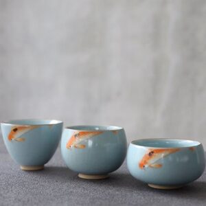 handmade cracked glaze koi japanese tea cup blue celadon