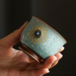 japanese tea cup ru kiln lotus crackle glaze with rotating decoration full set