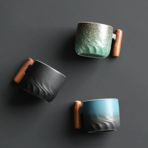 handmade japanese tea cup with natural wooden handle