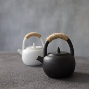 full view of 7oz japanese teapot with hemp handle matte ceramic