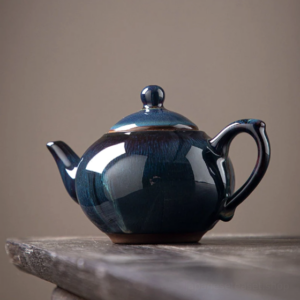 japanese tenmoku jian zhan japanese teapot blue black kiln glaze front view
