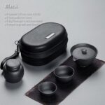 black japanese portable ceramic travel tea set with gaiwan teacups tea caddy in carrying case