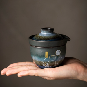 portable japanese ceramic travel gaiwan tea set with cat moon motif in carrying bag