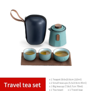 full set view of portable japanese ceramic travel tea set with carrying bag