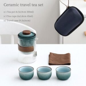 full opened japanese travel tea set with teapot teacups and carrying bag
