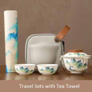 full set of portable japanese travel tea set in gray carrying case with leather handle
