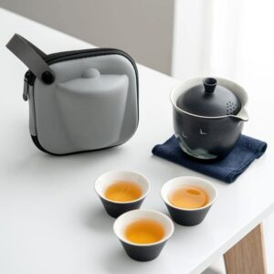 Portable Japanese Wabi-Sabi travel tea set 6.8oz with black ceramic teapot and protective travel case