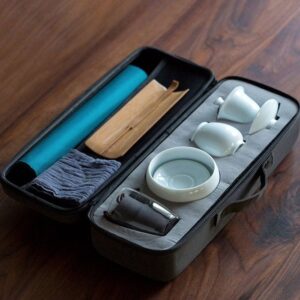 complete japanese white porcelain travel tea set with carrying case full set view