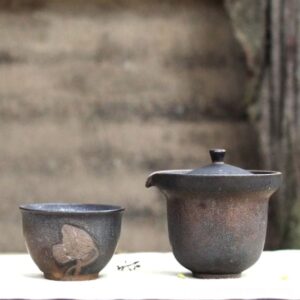 Portable Japanese wabi-sabi ceramic travel tea set with teapot and teacup