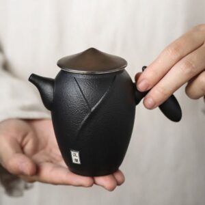 full view of japanese wandering hero black ceramic teapot 7.8oz