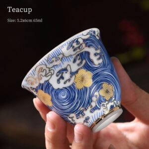 2.2oz japanese porcelain tea cup with blue wave and gold floral pattern