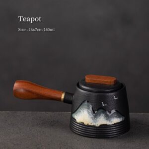 black ceramic kyusu teapot with mountain bird art front view