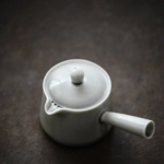 Full light gray porcelain kyusu teapot tea set side view