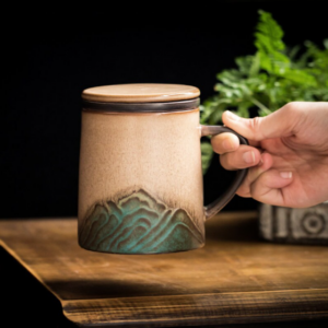 10oz ceramic loose leaf tea infuser mug with mountain relief full product view