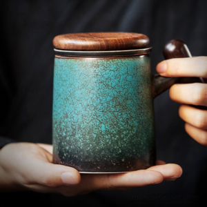 9oz ceramic loose leaf tea infuser mug with wooden lid product main view