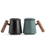 loose leaf tea infuser mug ceramic with wooden handle full product view