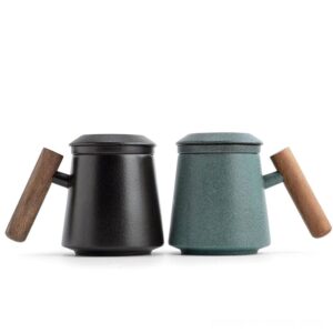 loose leaf tea infuser mug ceramic with wooden handle full product view