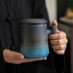 13.5oz ceramic loose leaf tea infuser mug with wooden handle full view