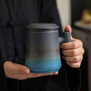13.5oz ceramic loose leaf tea infuser mug with wooden handle full view