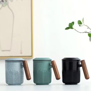 loose leaf tea infuser mug with ceramic filter and wooden handle