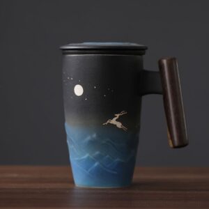 13.5oz moon deer loose leaf tea infuser mug with strainer and wooden handle