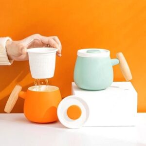 13.5oz ceramic loose leaf tea infuser mug with infuser lid and wood handle