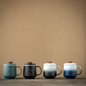 14oz ceramic loose leaf tea infuser mug with lid and golden mountain emboss
