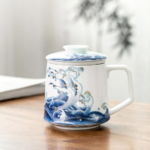 japanese loose leaf tea infuser mug ocean waves design full product view