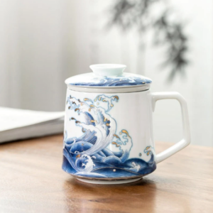 japanese loose leaf tea infuser mug ocean waves design full product view