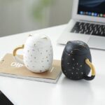 black and white maneki-neko lucky cat loose leaf tea infuser mug with lid