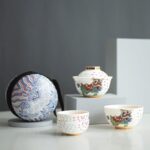 full open view lucky cat ceramic portable japanese travel tea set