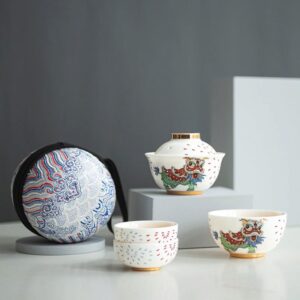 full open view lucky cat ceramic portable japanese travel tea set