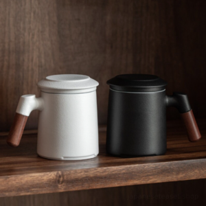 main view of black ceramic loose leaf tea infuser mug 14oz