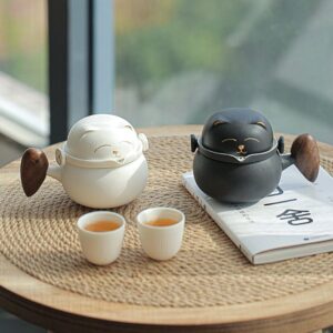 fully assembled maneki-neko lucky cat portable ceramic travel tea set