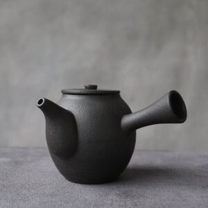 Matte black ceramic Japanese Kyusu teapot full product view