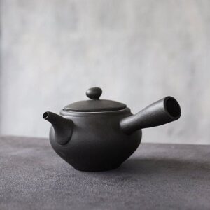 full product view of matte black ceramic kyusu teapot side handle design
