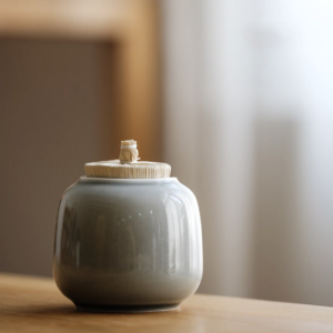 mini japanese tea canister sage green ceramic loose tea storage with woven lid