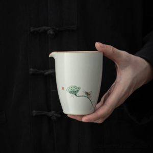 Minimalist hand-painted lotus Japanese fairness cup gong dao bei 6oz side view