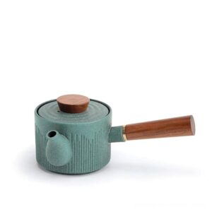 full side view of mint green japanese kyusu teapot with wooden handle