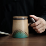 loose leaf tea infuser mug mountain design full view