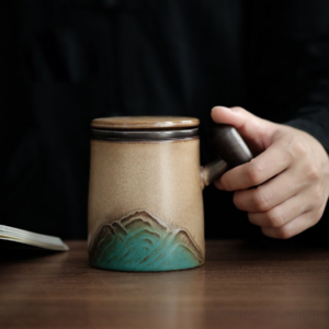 loose leaf tea infuser mug mountain design full view
