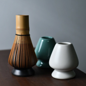 full set view of Naoshi japanese matcha set bamboo whisk and ceramic holder