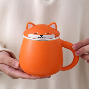 orange dog variant loose leaf tea infuser mug with cartoon lid and ceramic infuser
