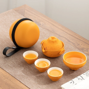 full set of orange shaped japanese ceramic portable travel tea set with carrying case