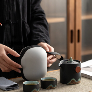 portable 8oz japanese wabi-sabi travel ceramic tea set full set view