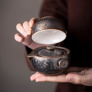 full set view of portable japanese 5oz travel ceramic tea set with linen bag