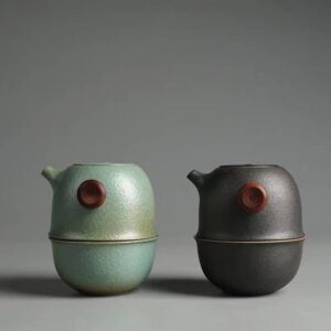 full assembled view of portable japanese ceramic travel tea set with travel bag